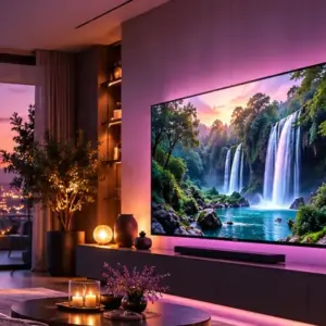 Télévision grand écran dans un salon pour un abonnement IPTV premium 6 mois